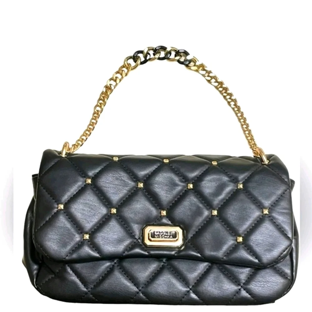 Badgley Mischka Handbag Women's Black Leather Quilted Studs Crossbody Bag